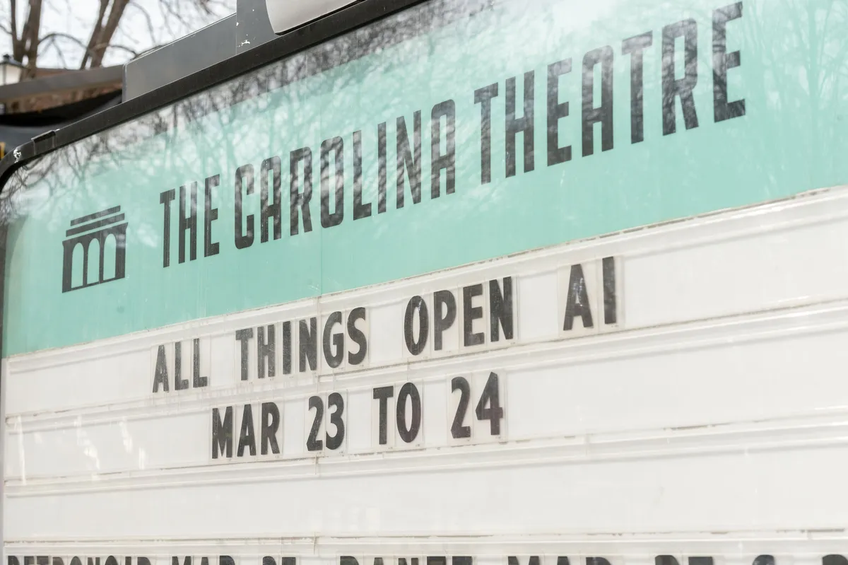 The Carolina Theatre marquee announcing All Things AI in Durham